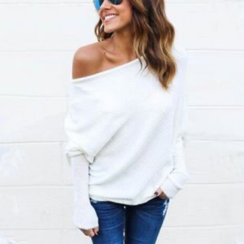 Womens Off The Shoulder casual tunic Long Sleeve Shirt knit Top white
